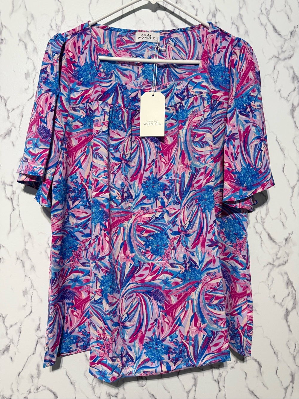 NWT Emily Wonder Tropical Floral Square Neck Flutter Sleeve Blouse Top XL
